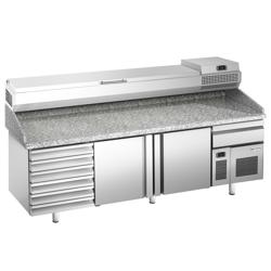 Pizzawerkbank PREMIUM PLUS - 2305x800mm - granieten werkblad - met 2 deuren & 7 laden - incl. koelopzetvitrine - 11x GN 1/4