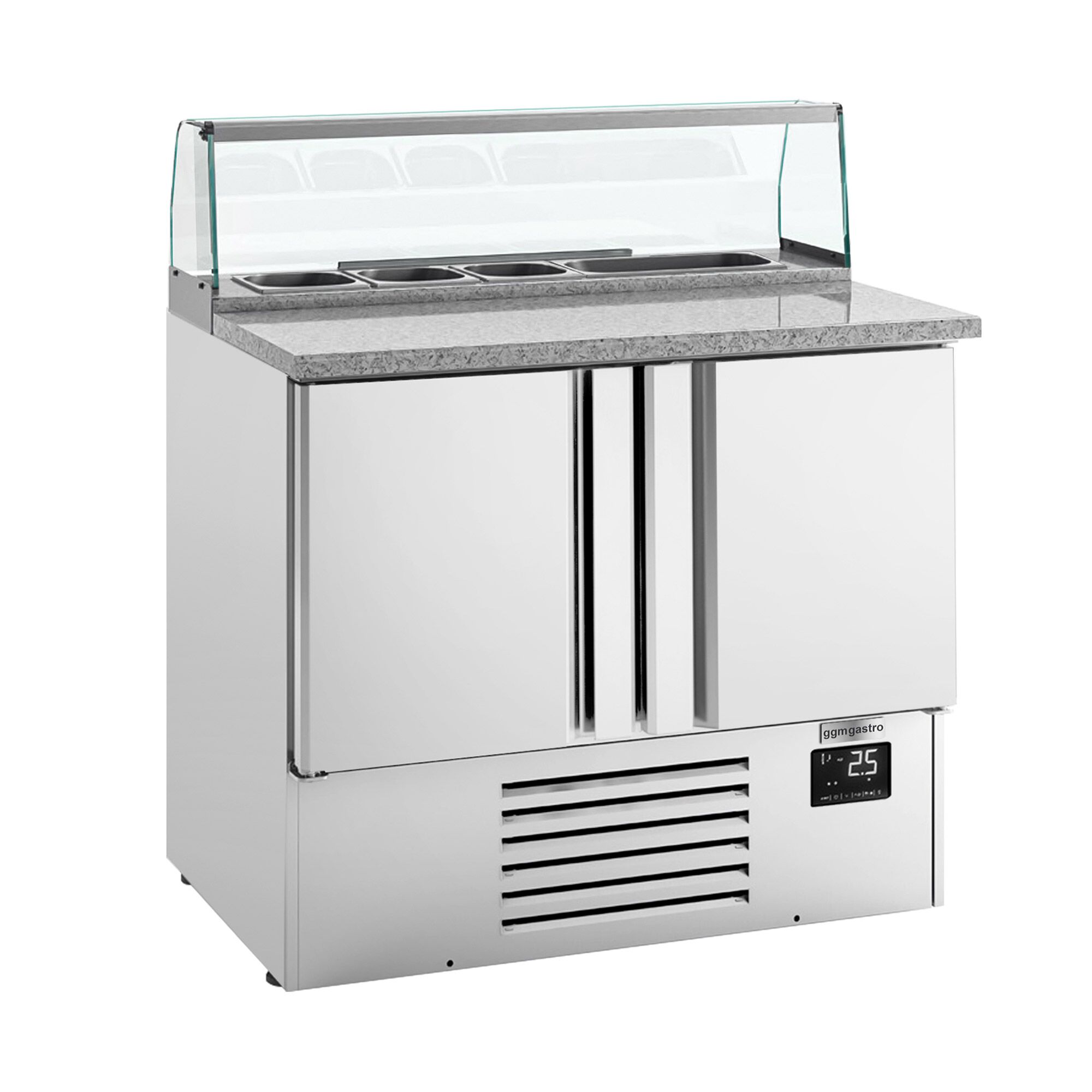 Saladette réfrigérée - 978mm - 230L - 2 portes - avec vitrine de comptoir pour 5x GN 1/6 & 1 étagère - plan de travail en granit noir