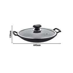 Wok serpenyő - Kétfüles kialakítás - Ø 34 cm - Magasság: 13 cm - Üvegfedél - kompatibilis: minden főzőlap - Fekete - tapadásmentes - indukciós