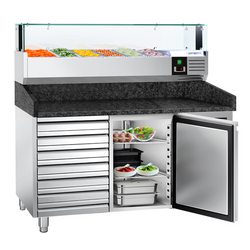 Rashladni pult za pripremu pizze PREMIUM - 1500x800 mm - sa 1 vratima & 7 ladica - uklj. Rashladna nadograđena vitrina LED - 5x GN 1/5 + 1x GN 1/2
