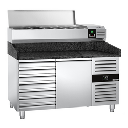 Rashladni pult za pripremu pizze PREMIUM - 1500x800 mm - sa 1 vratima & 7 ladica - uklj. Rashladna nadograđena vitrina - 6x GN 1/3