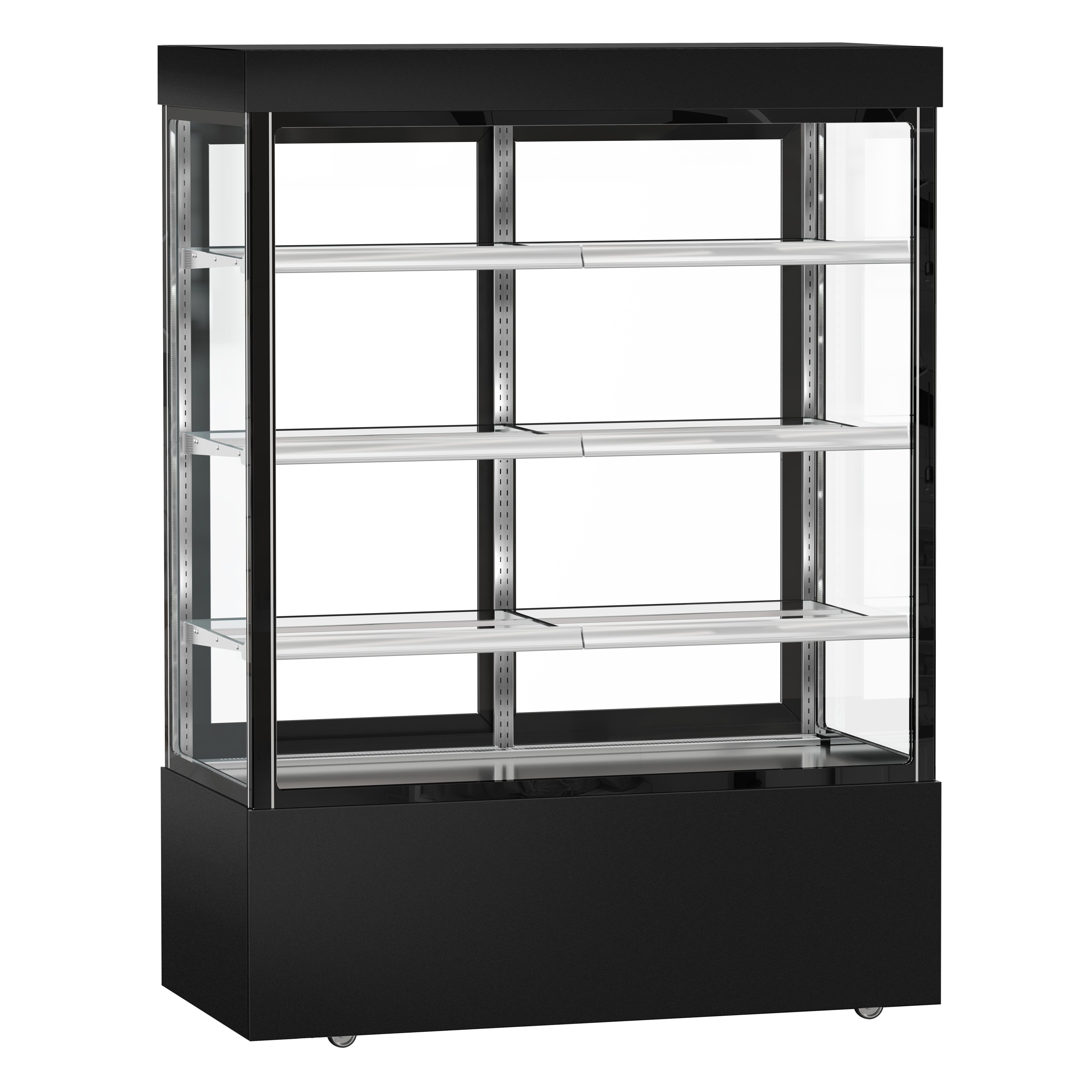 Vitrine réfrigérée 4 faces vitrées MADRID - 1010L - 1500mm - Double vitrage - avec 3 étagères en verre - portes coulissantes vitrées arrière - Noir mat