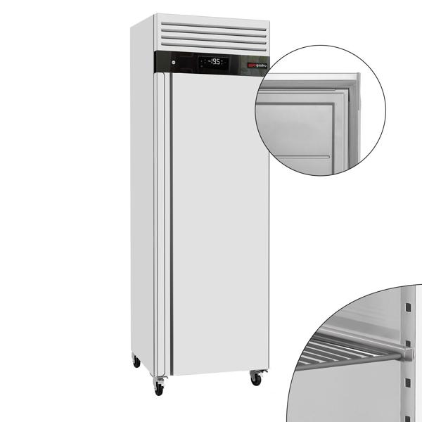 Frysskåp Rostfritt stål ECO - 680 mm - 375 liter - ned till -22 °C till -18 °C - med 1 dörr - Automatisk avfrostning, R290, Lås, Vändbar dörrhängning, Digitalt termostat, Ljudsvag drift
