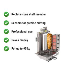 Gáz Automata kebab szeletelő - 4 égő - 10,64 kW - max. 95 kg - Asztali kivitel - tartozékokkal: Dönernyárs, zsírfogó tálca