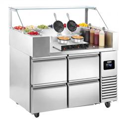 Commercial Refrigerated Prep Table  – Glass Top – 4 Drawers – 1210 mm – for 9× GN 1/6 – Includes double waffle maker