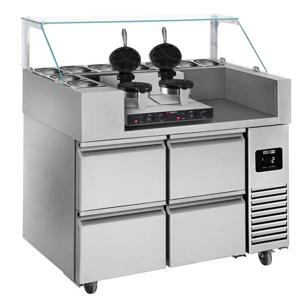 Commercial Refrigerated Prep Table  – Glass Top – 4 Drawers – 1210 mm – for 9× GN 1/6 – Includes double waffle maker