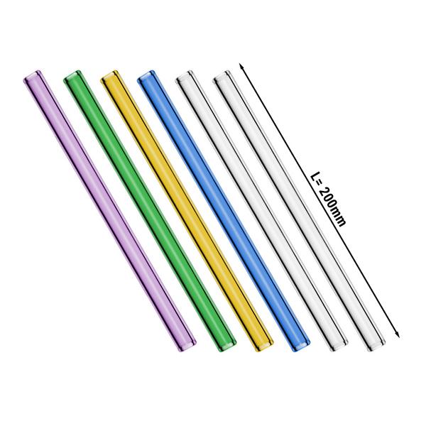 (6 Stück) Glastrinkhalme - gerade - 200mm - 4 Farben - inkl. Nylon Reinigungsbürste