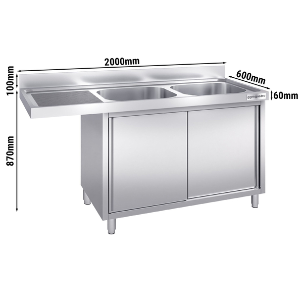 Chiuvetă 2,0m -  2 cuve în partea dreaptă L 50 x B 50 x T 25 cm
