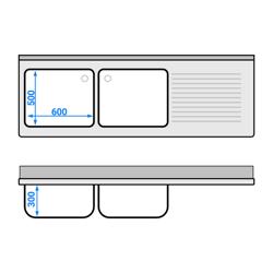 Spoeltafel PREMIUM voor doorschuifvaatwasser - 2000x700mm - 2 spoelbakken links - met achteropstand/spatrand - met onderschap