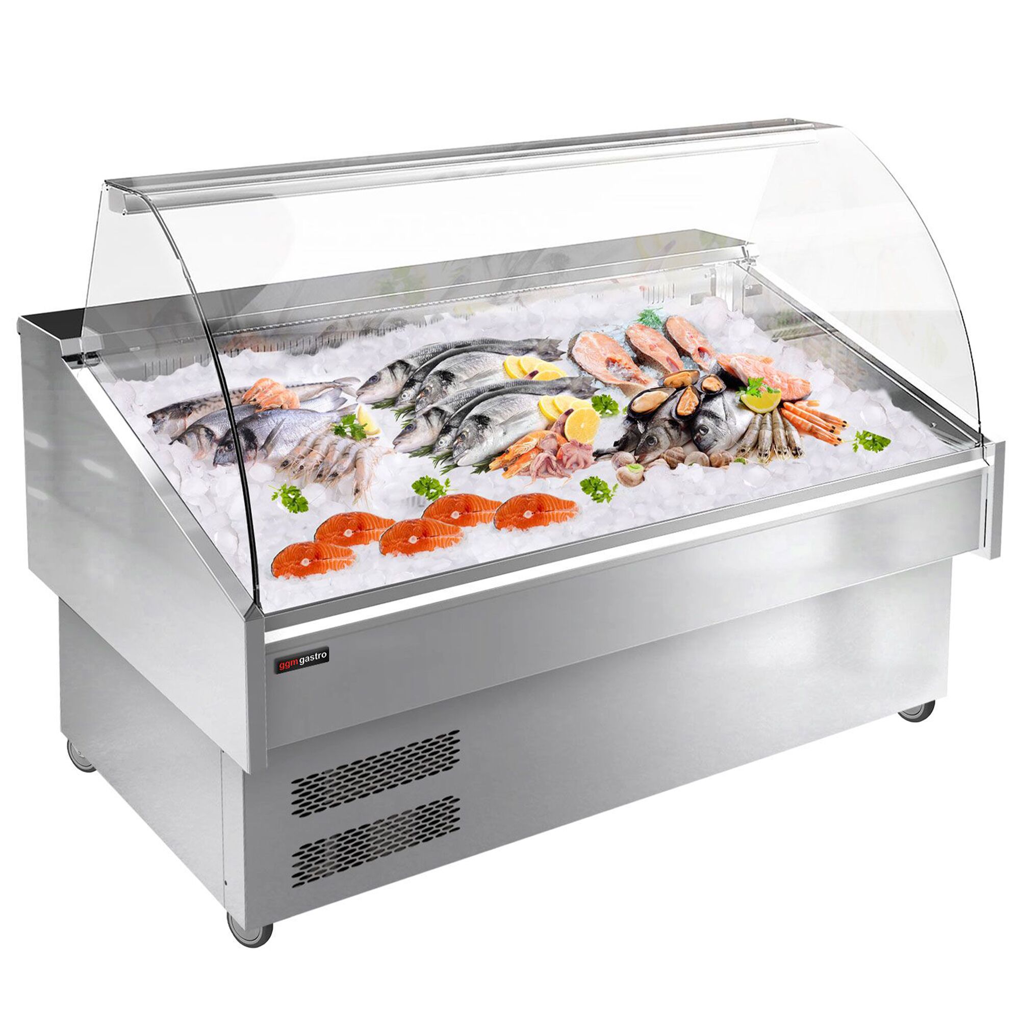 Fish Display Counter / Fish Serve Over Counter - 1500mm - double-glazed curved front glass - LED lighting - with wheels - temperature -1°C to +1°C