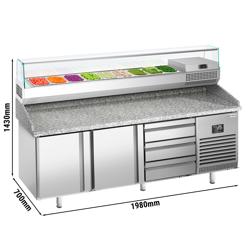Pizzawerkbank PREMIUM PLUS - 1980x700mm - met granieten werkblad - met 2 deuren & 3 laden - incl. glasvitrine - 9x GN 1/4