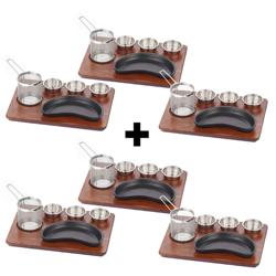 (6 pcs) Plat en fonte sur planche - Set de 6 pièces - incl. plat en fonte + planche MDF + panier à frites + bols à dips - Fonte - 350x260mm - poêle en fonte en forme de haricot