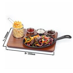 Juego para servir fajitas - Juego de 6 piezas - con base de madera, 3 cuencos pequeños y cesta para fritura - hierro fundido y acero inoxidable AISI 304, base MDF con aspecto madera - 350x260mm - oval con mango, antiadherente
