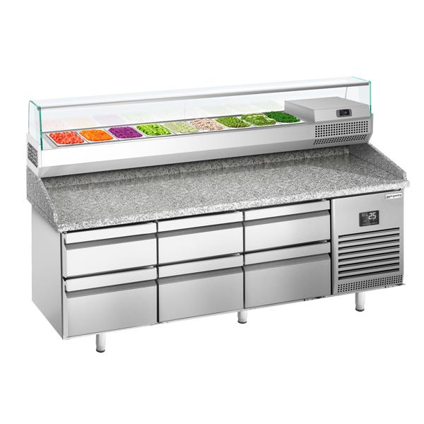 Pizzawerkbank PREMIUM PLUS - 1980x700mm - met granieten werkblad - met 6 laden - incl. glasvitrine - 9x GN 1/4