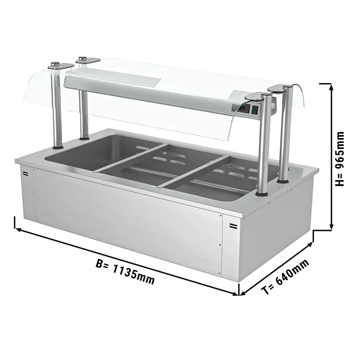 Bain-marie encastrable - 1000 mm - 3 x GN 1/1 - 2,19 kW - avec protection hygiénique en verre
