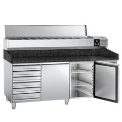 Balcão frigorífico para pizza PREMIUM - 2025x800mm - com 2 portas e 7 gavetas 60x40cm - com tampo em granito - incl. vitrina refrigerada superior - 10x GN 1/4