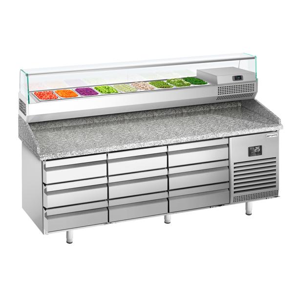 Tavoli refrigerati per pizza Premium PLUS - 1980x700 mm - con 9 cassetti - incl. vetrina refrigerata - 9x GN 1/4