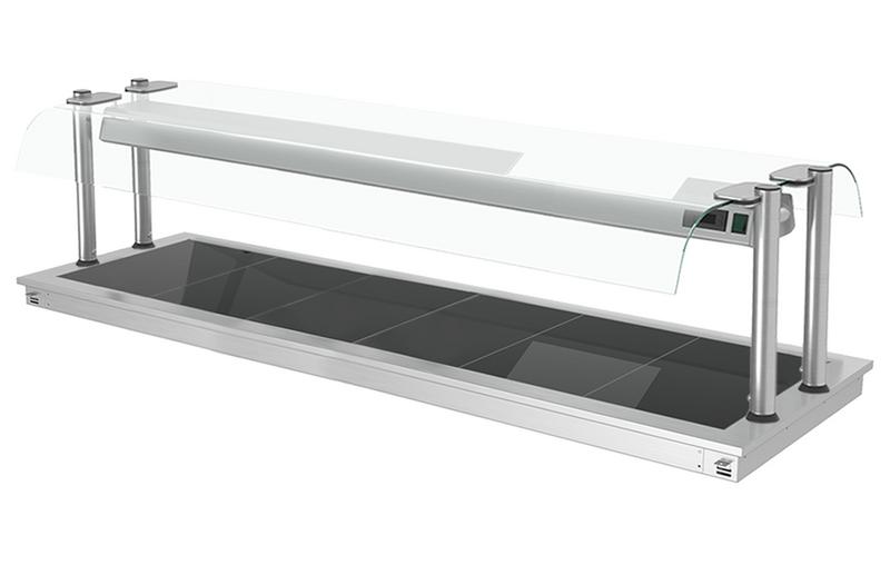 Inbouw warmhoudplaat RVS - met glazen oppervlak - 2100mm - 6x GN 1/1 - 2,7 kW - met glazen hoestscherm