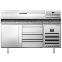Chladicí stůl na pizzu Premium PLUS - 1490x700 mm - s 1 dveřmi a 3 zásuvkami - vč. chladicí vitríny - 6x GN 1/4