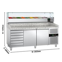 Pizzawerkbank ECO - 2025x800mm - met granieten werkblad - met 2 deuren & 7 laden - incl. glasvitrine - 10x GN 1/4