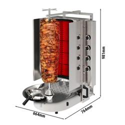 Macchina per Kebab Professionale a Gas - con vetroceramica ROBAX - 8 bruciatori - max 75kg - Da banco - incl. spiedo; pinza/klammer; piatto raccogli carne; vaschetta raccogligocce; paletta Döner; sportelli a battente
