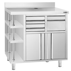 Commercial Work Cabinet - Coffee Machine Cabinet PREMIUM – Stainless Steel – Knock Box – 2 Doors – 2 Drawers – Left 3-Tier Shelf – 1000×600 mm