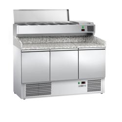 Balcão de pizza refrigerado ECO - 1400x700mm - com tampo em granito - com 3 portas - incl. vitrina refrigerada superior - 6x Recipientes GN 1/4