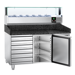 Rashladni pult za pripremu pizze PREMIUM - 1500x800 mm - sa 1 vratima & 7 ladica - uklj. Rashladna nadograđena vitrina LED - 5x GN 1/5 + 1x GN 1/2