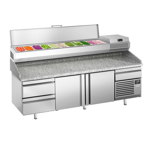 Pizzakylbänk PREMIUM PLUS - 2305x800 mm - granitskiva - med 2 dörrar & 2 lådor - inkl. kylränna - 11x GN 1/4
