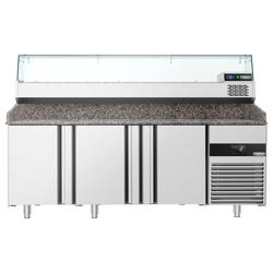 Pizzawerkbank PREMIUM - 2100x800mm - met granieten werkblad - met 3 deuren - incl. glasvitrine - 10x GN 1/3