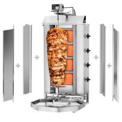 Macchina per Kebab Professionale a Gas  - 4 bruciatori - max 60kg - Da banco - incl. 2 protezioni laterali; 2 sportelli; vaschetta raccogli grassi; ugelli metano e GPL