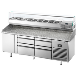 Pizza hazırlık tezgahı Premium PLUS - 1980x700mm - 1 kapılı ve 4 çekmeceli - soğutmalı vitrin dahil - 9x GN 1/4