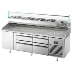 Pizzapult PREMIUM PLUS - 1980x700 mm - 1 ajtó + 4 fiók - feltéthűtővel üveg leheletvédővel - 9x GN 1/4 - gránit munkalappal