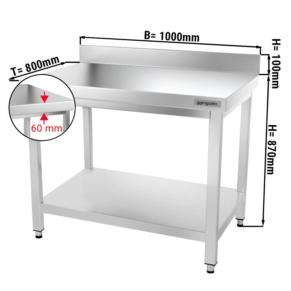 Radni stol od nehrđajućeg čelika PREMIUM - 1000x800 mm - Sa podnom pločom & poleđinom