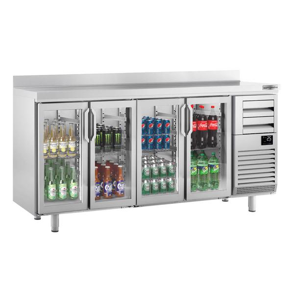 Kylmäpöytä PREMIUM PLUS - 2452x600 mm - 690 l - varustettu: 4 lasiovea, 2 vetolaatikkoa & takakoroke