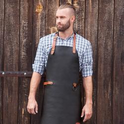 KARLOWSKY | Leather Bib Apron – Black - 100% Cowhide - Adjustable Neck - Barista & Chef
