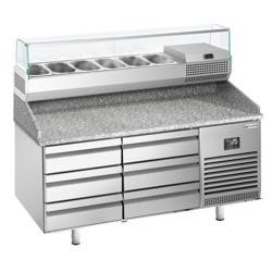 Pizzawerkbank PREMIUM PLUS - 1490x700mm - met granieten werkblad - met 6 laden - incl. glasvitrine - 6x GN 1/4