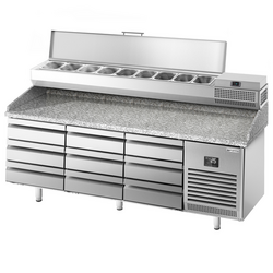 Pizza Hazırlık Tezgahı Premium PLUS- -1980x700mm- 9 Çekmeceli - Soğutmalı vitrin dahil - 9x GN 1/4