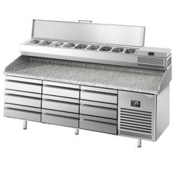 Pizzawerkbank PREMIUM PLUS - 1980x700mm - granieten werkblad - met 0 deuren & 9 deeglades (EN 600x400) - incl. koelopzetvitrine - 9x GN 1/4