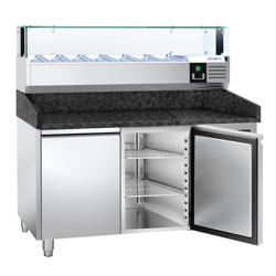 Chladicí stůl na pizzu PREMIUM - 1500x800 mm - se 2 dveřmi - se žulovou pracovní deskou - vč. chladicí nástavbové vitríny s LED osvětlením - 7x GN 1/4 - se skleněným krytem