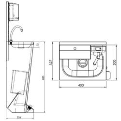 Hand Wash Basin - Stainless steel - wall mounted, knee-operated, with upstand/splashback, with tap, with paper towel dispenser, manual soap dispenser