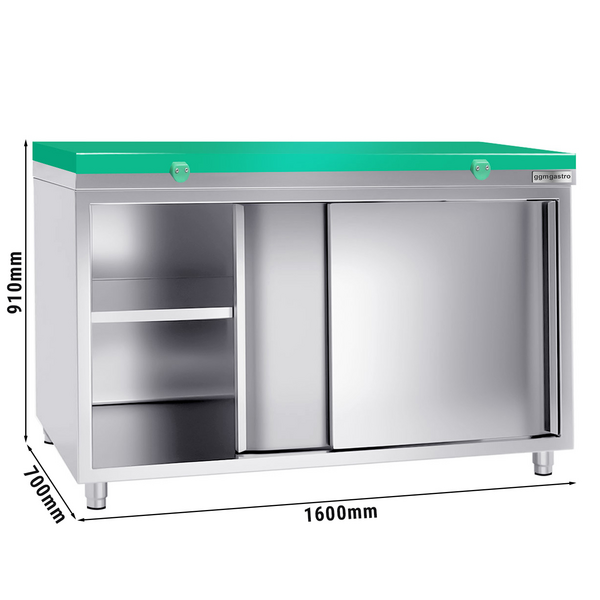 Dulap de lucru din oțel inoxidabil PREMIUM - 1,6 m - cu ușă glisantă - incl. blat de lucru verde