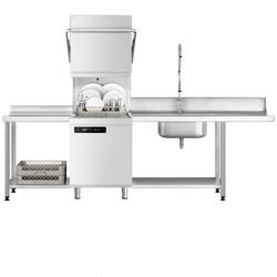 Lavastoviglie a passaggio / a capote - Digitale - 7,1 kW - incl. tavolo di alimentazione a destra, tavolo di uscita a sinistra e decalcificatore - con pompa detergente, pompa brillantante e pompa di scarico