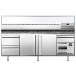 Pizzakylbänk PREMIUM PLUS - 2305x800mm - 2 luckor och 2 lådor - inkl. kylränna - 11x GN 1/4