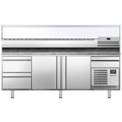 Pizzawerkbank PREMIUM PLUS - 2305x800mm - met granieten werkblad - met 2 deuren & 2 laden - incl. glasvitrine - 11x GN 1/4
