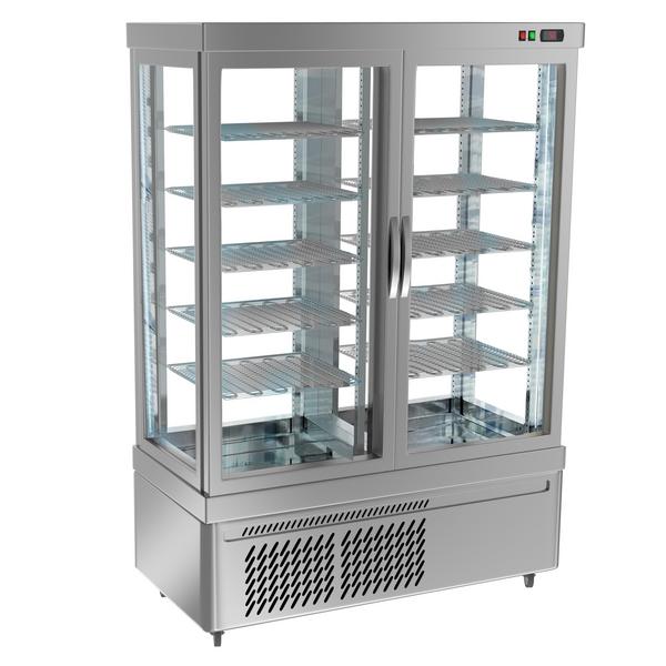 Vitrine réfrigérée 4 faces vitrées / Vitrine panoramique – 935 litres – 1320 mm – 10 étagères – Argent