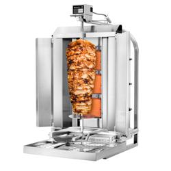 Macchina per Kebab Professionale a Gas  - 3 bruciatori - max 40kg - Da banco - incl. 2 protezioni laterali; 2 sportelli; spiedo; vaschetta raccogli grassi; ugelli metano e GPL
