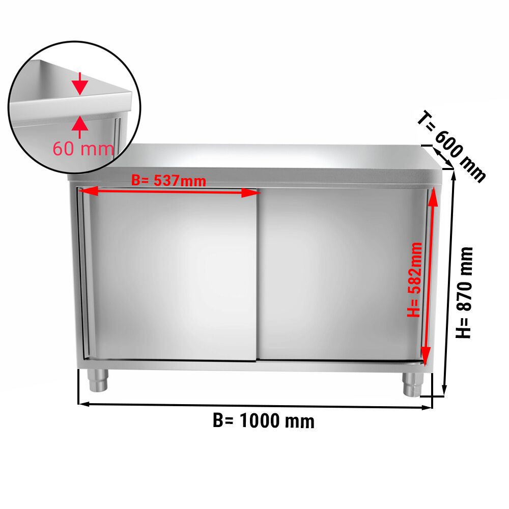 Edelstahl Arbeitsschrank PREMIUM - 1000x600mm - mit Schiebetür ohne Aufkantung
