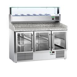 Pizzapult PREMIUM - 1400x700 mm - 3 üvegajtós - feltéthűtővel LED világítással - 6x GN 1/4 - gránit munkalappal
