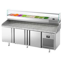 Pizzawerkbank PREMIUM PLUS - 1980x700mm - met granieten werkblad - met 3 deuren - incl. glasvitrine - 9x GN 1/4